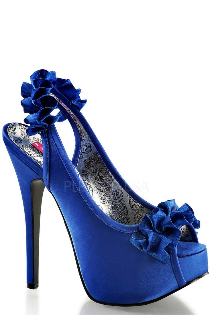 Navy Blue Ruffle Detailed Slingback Platform High Heels Satin