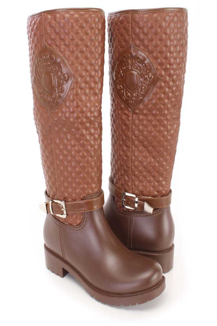 Tan Stitched Quilted Riding Boots Faux Leather