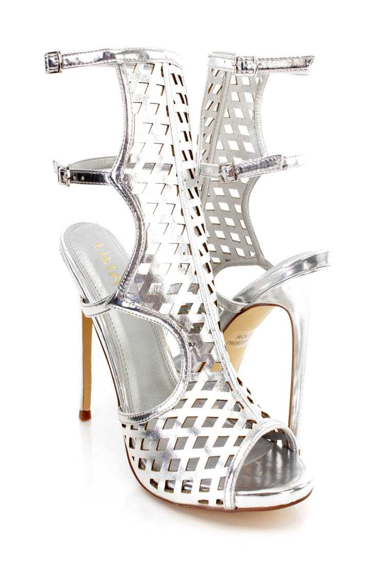 Silver Cut Out Strappy Single Sole High Heels Faux Leather
