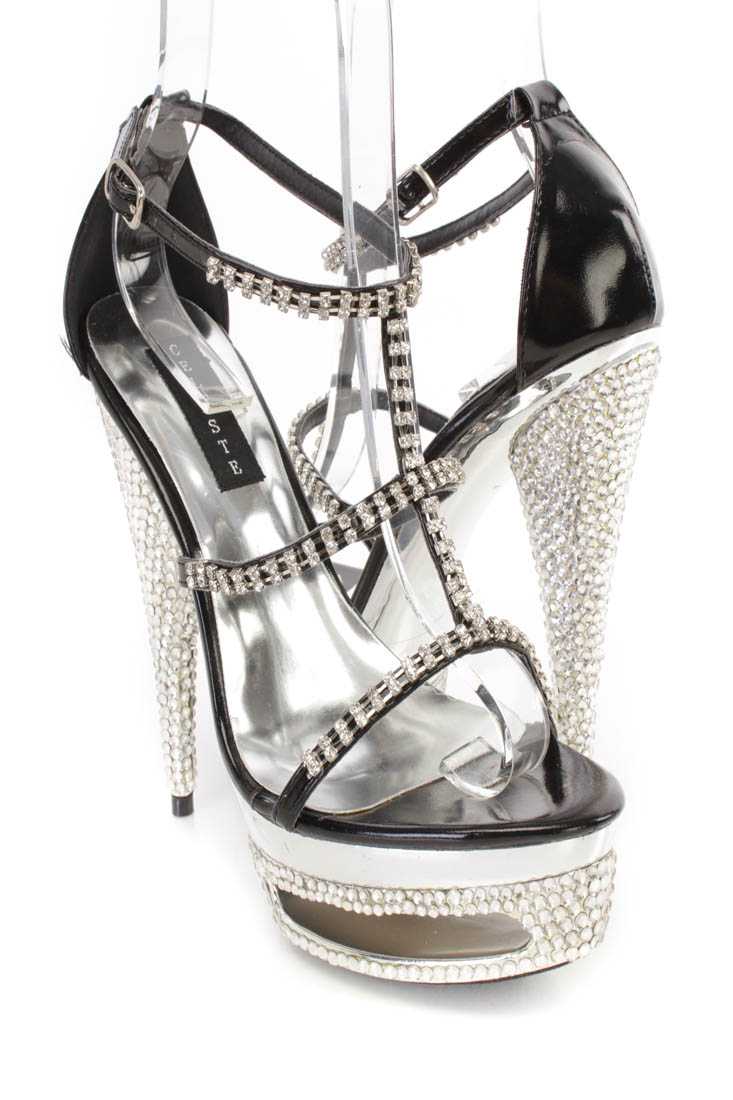 Black Rhinestone Strappy Platform 6 Inch High Heels Faux Leather
