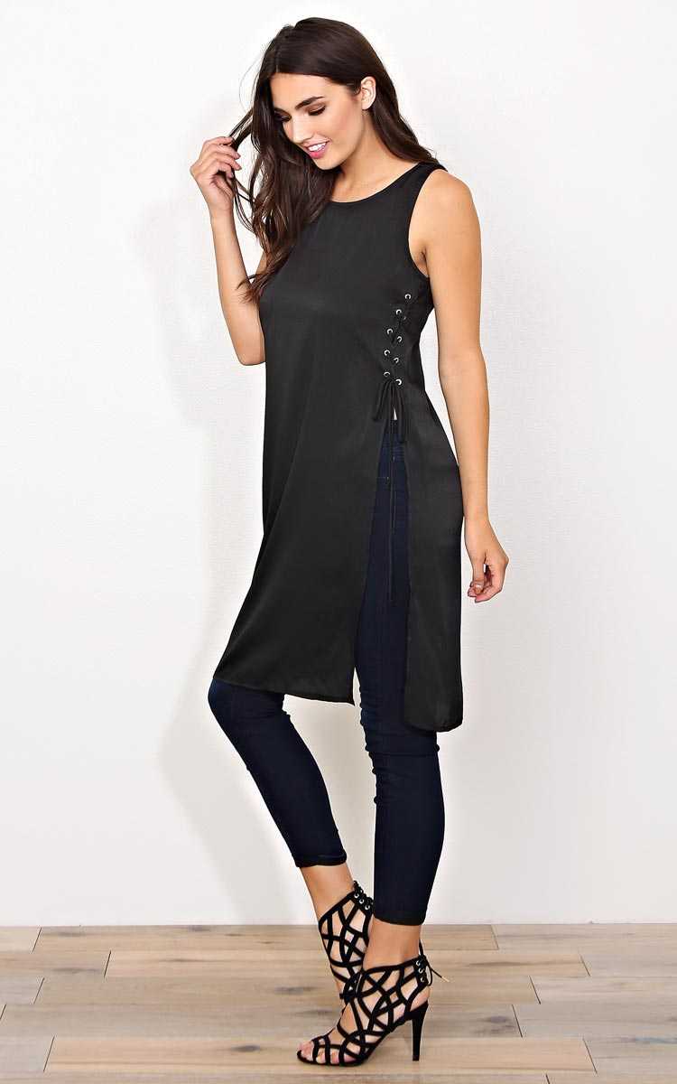 Grace Side Lace Up Woven Tunic - - Black in Size by Styles For Less