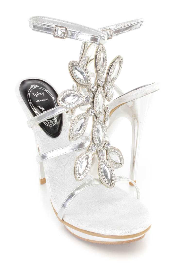 Silver Gemstone Strappy High Heels Faux Leather