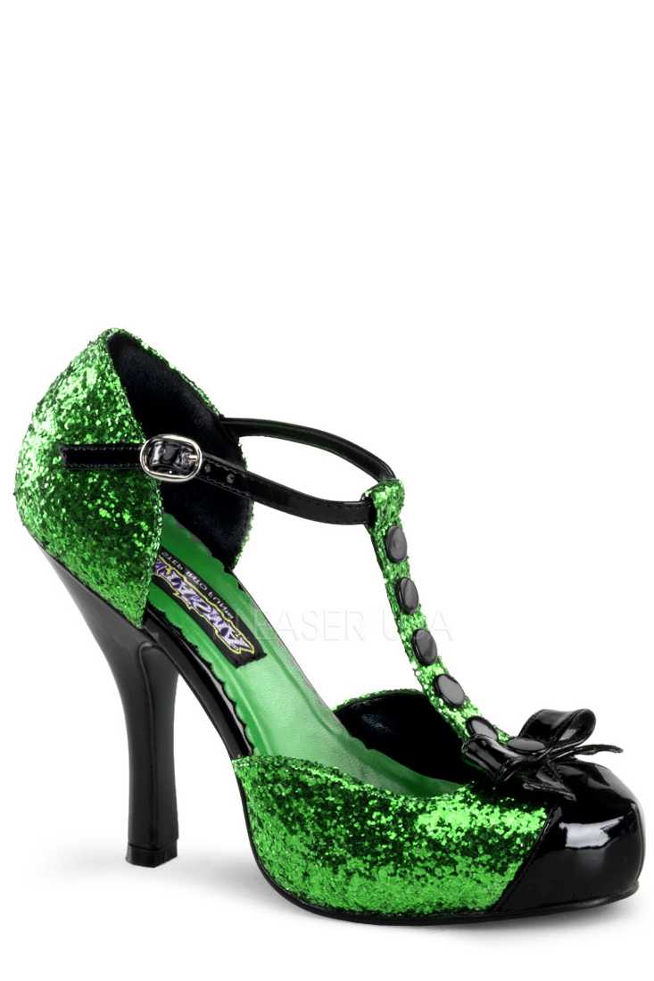 Green Black T Strap High Heels Glitter Patent