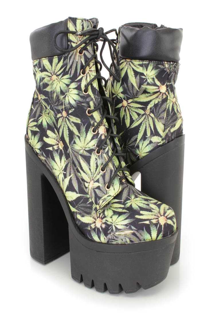 Green Herbal Leaf Pattern Chunky High Heel Booties Fabric