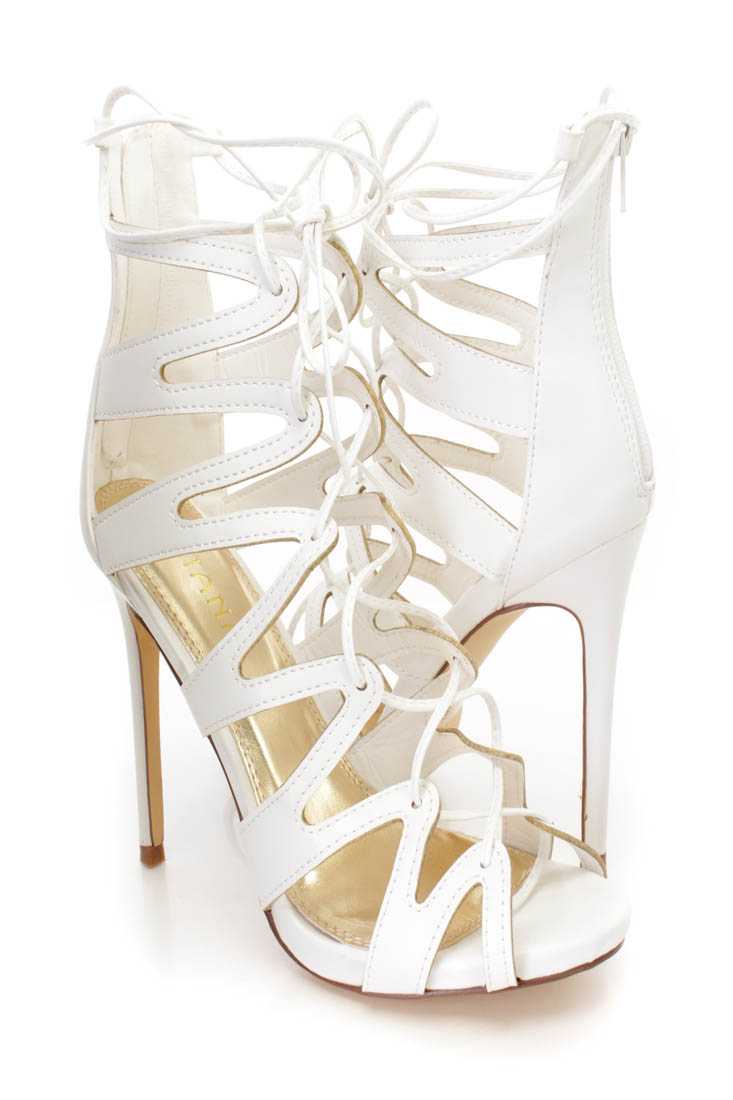 White String Tie Lace Up Single Sole High Heels Faux Leather