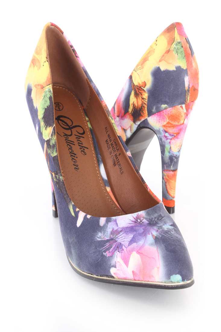 Black Floral Print Single Sole Pump High Heels Faux Suede