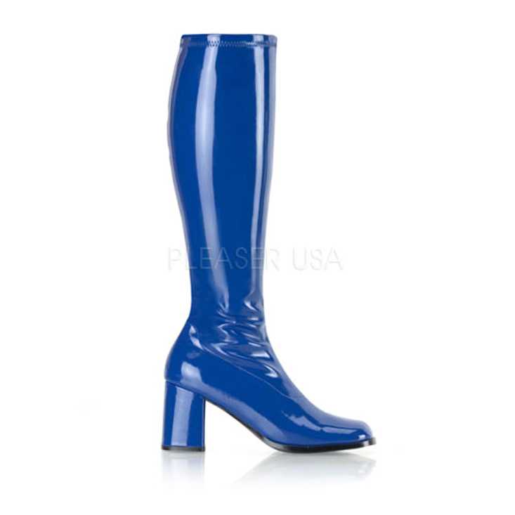 Navy Blue Stretch Patent Block Heel GoGo Boots