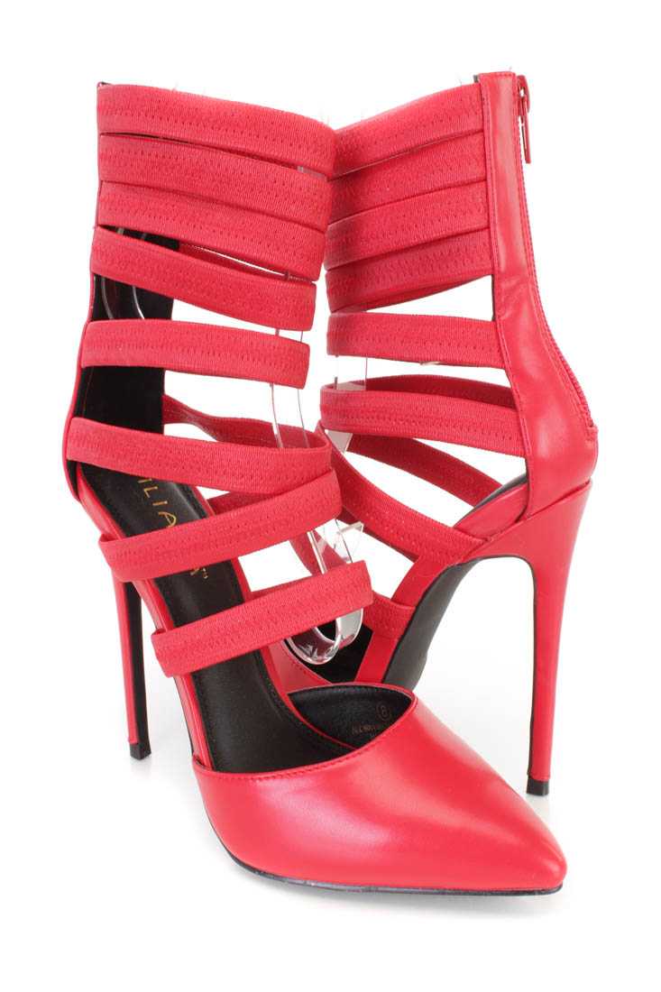 Red Strappy Design Single Sole Heels Faux Leather