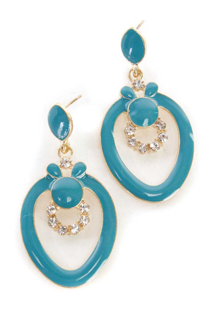 Teal High Polish Rhinestone Decor Dangling Earrings