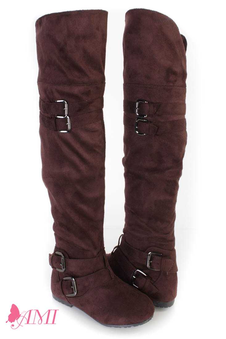 Brown Buckle Accents Thigh High Flat Boots Faux Suede