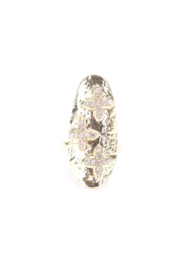 Gold High Polish Cross Rhinestone Oval Ring