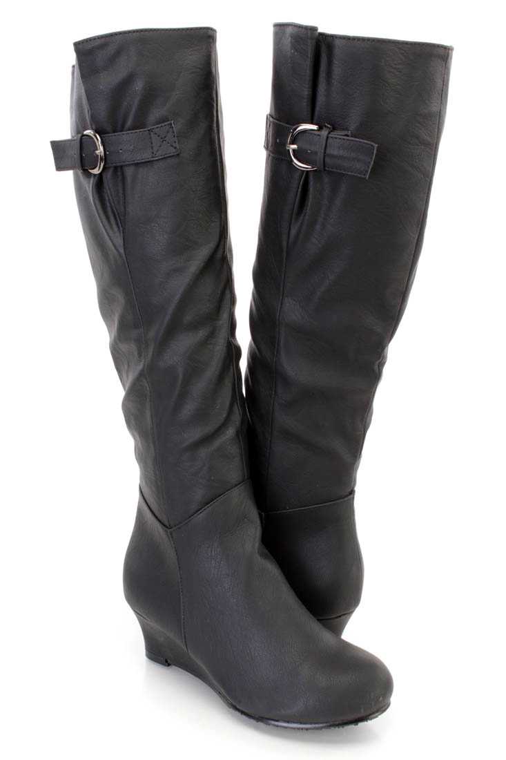 Black Knee High Wedge Boots Faux Leather