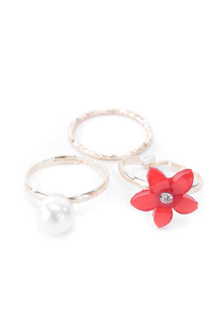 Red High Polish Metal Flower Ring Set