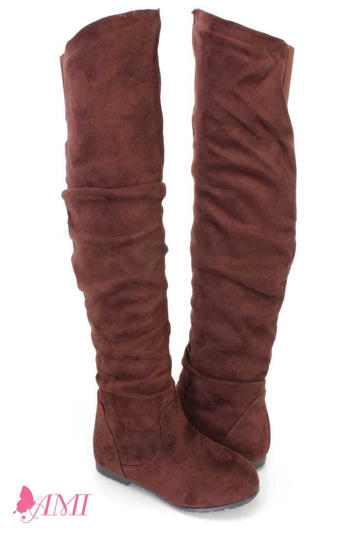 Brown Slouchy Shaft Thigh High Boots Faux Suede