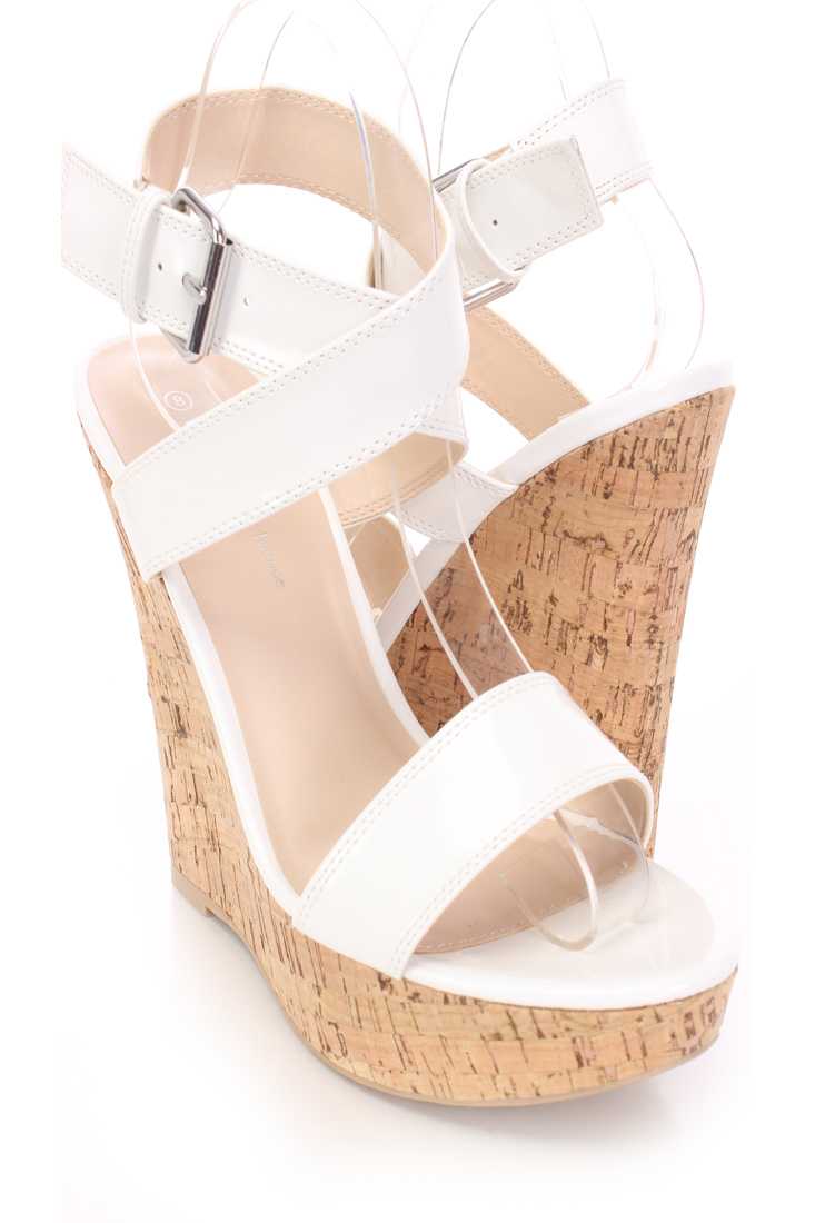 White Cross Strap Cork Platform Wedges Patent