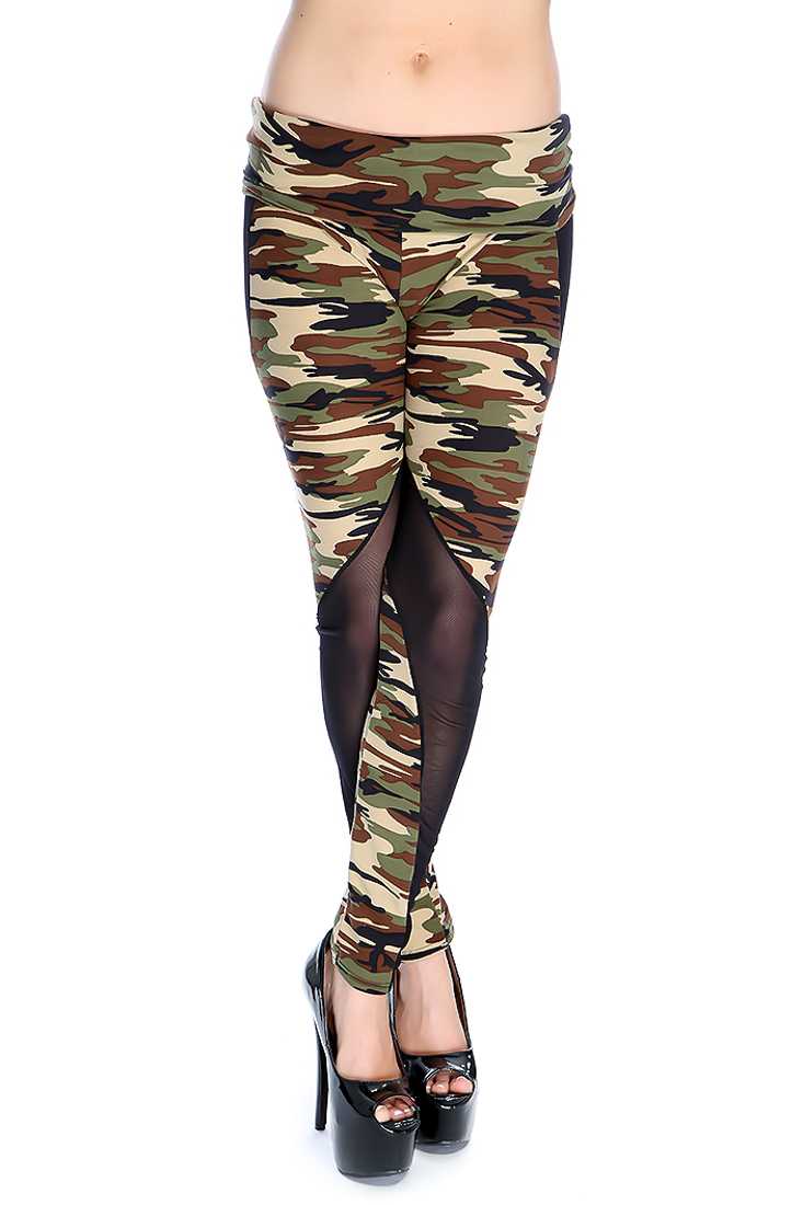 Camouflage Mesh Cutout Fitted Leggings