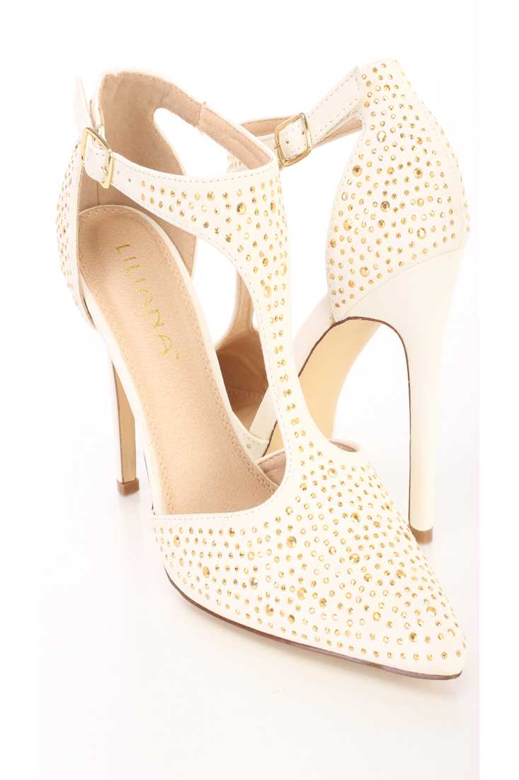 White Single Sole Rhinestone High Heels Nubuck