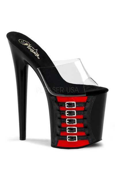 Clear Red Black Buckled High Heels