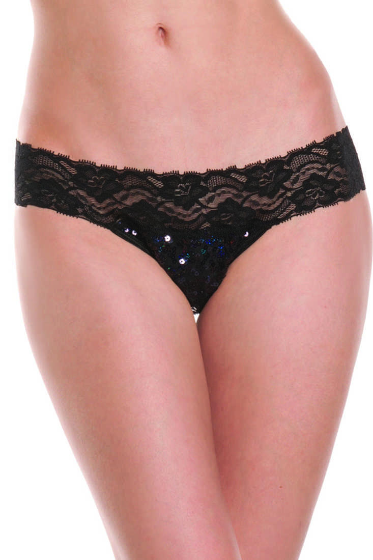 Black Sequin Floral Lace Band Sexy Pucker Cheeky Panty