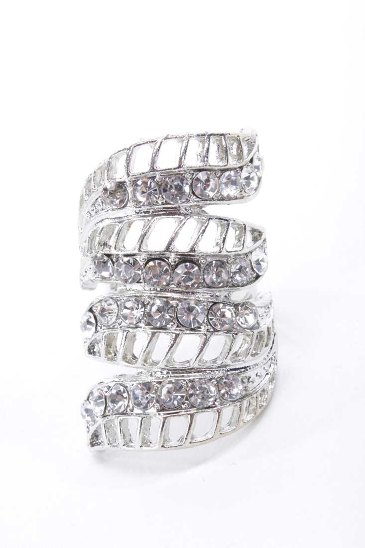 Silver Rhinestone Accent Intricate High Polish Metal Ring