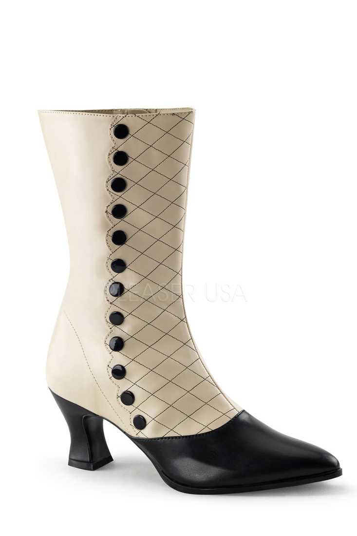 Cream Black Two Tone Mid Calf Boots Faux Leather