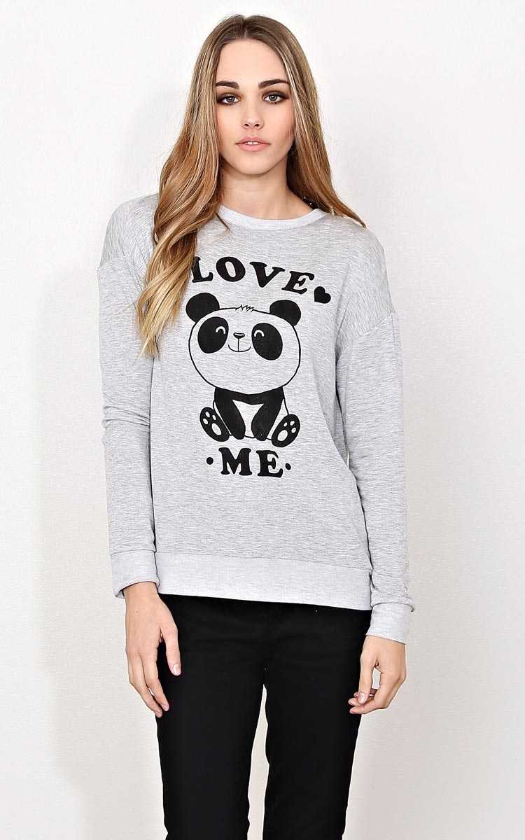 LOVE ME Panda Graphic Long Sleeve - - Heather in Size by Styles For Less