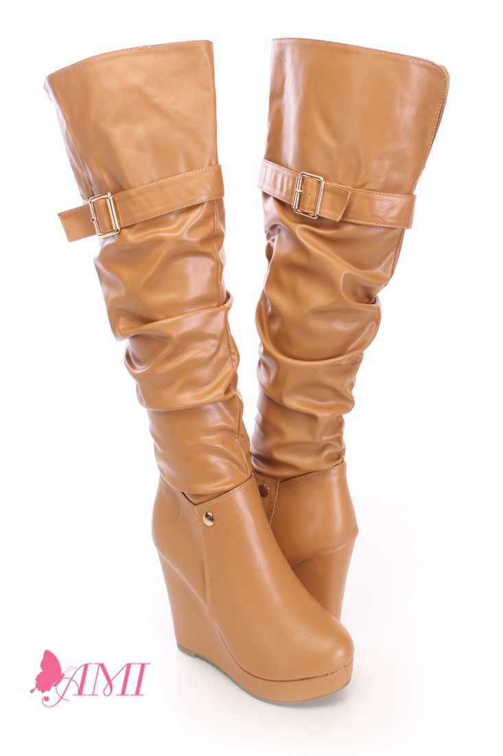 Tan Slouchy Wedge Boots Faux Leather
