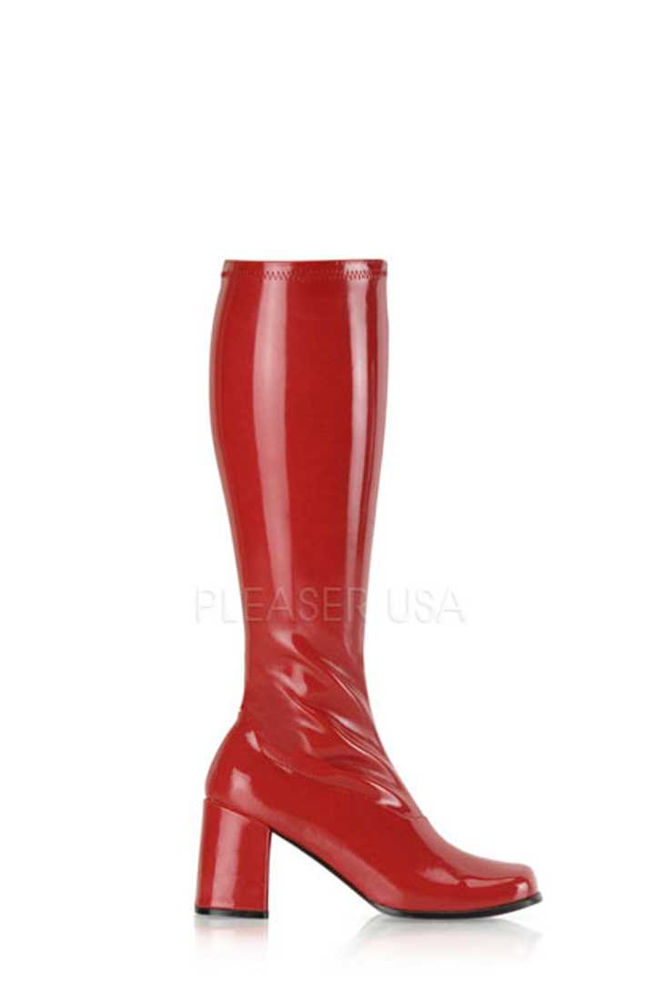 Red Chunky Heel GoGo Boots Patent Faux Leather