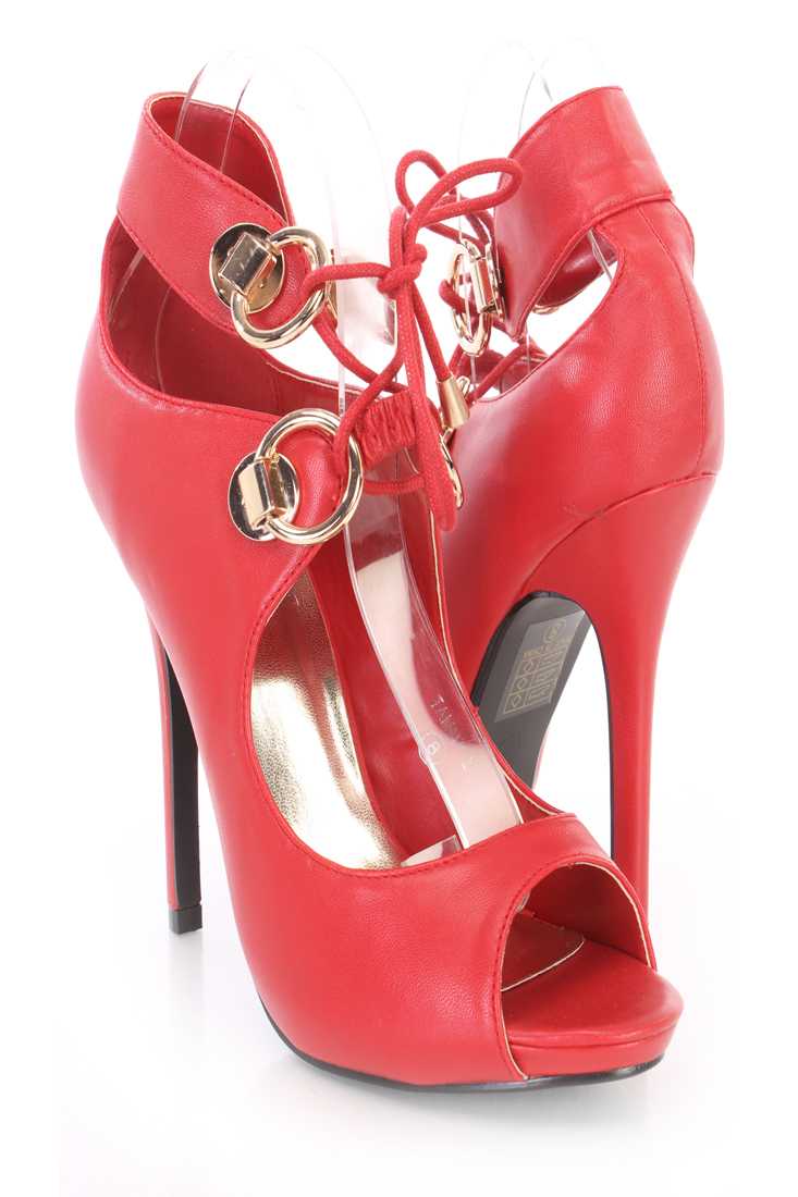 Red Peep Toe Ankle Strap Heels Faux Leather