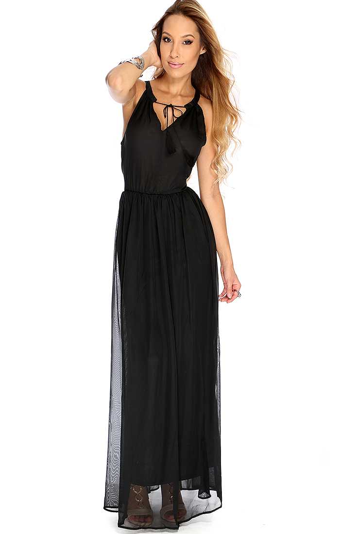 Black Sheer Overlay Sleeveless Maxi Dress