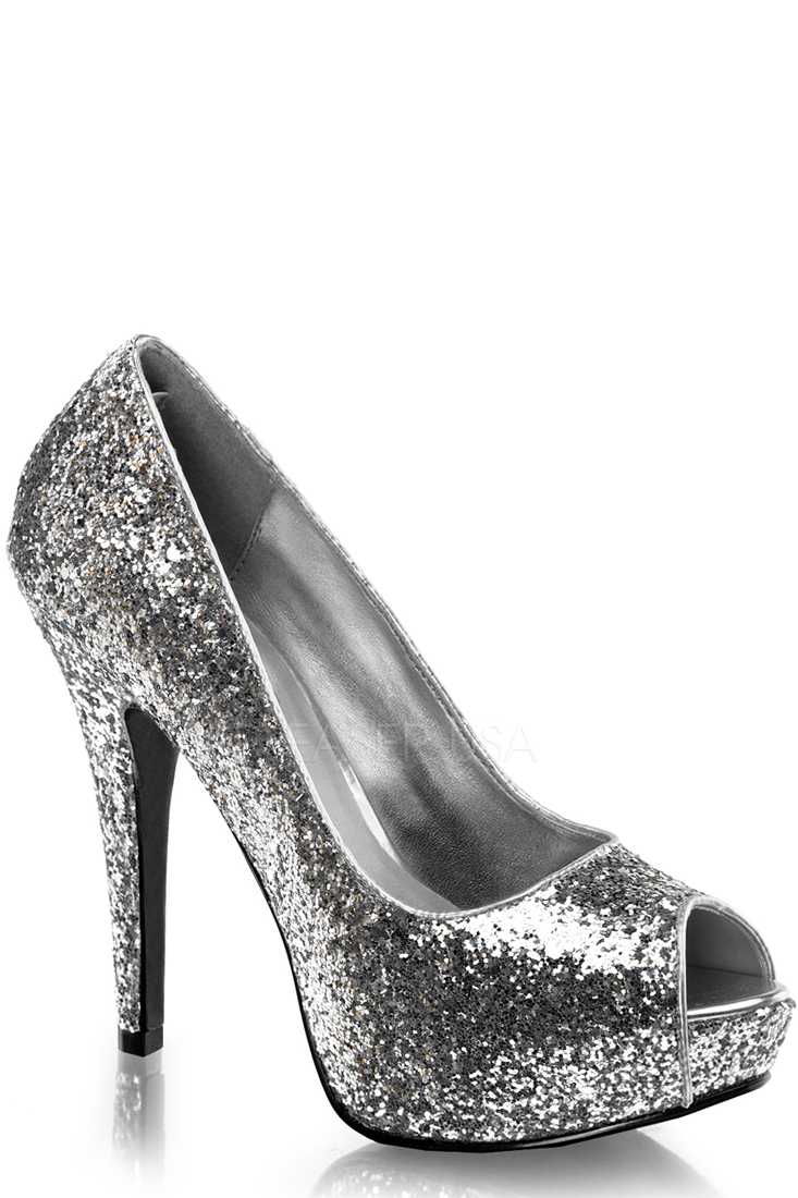 Silver Peep Toe Platform Pump High Heels Glitter