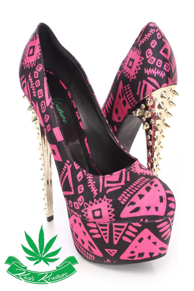 Black Fuchsia Spikey Platform Pump High Heels Satin