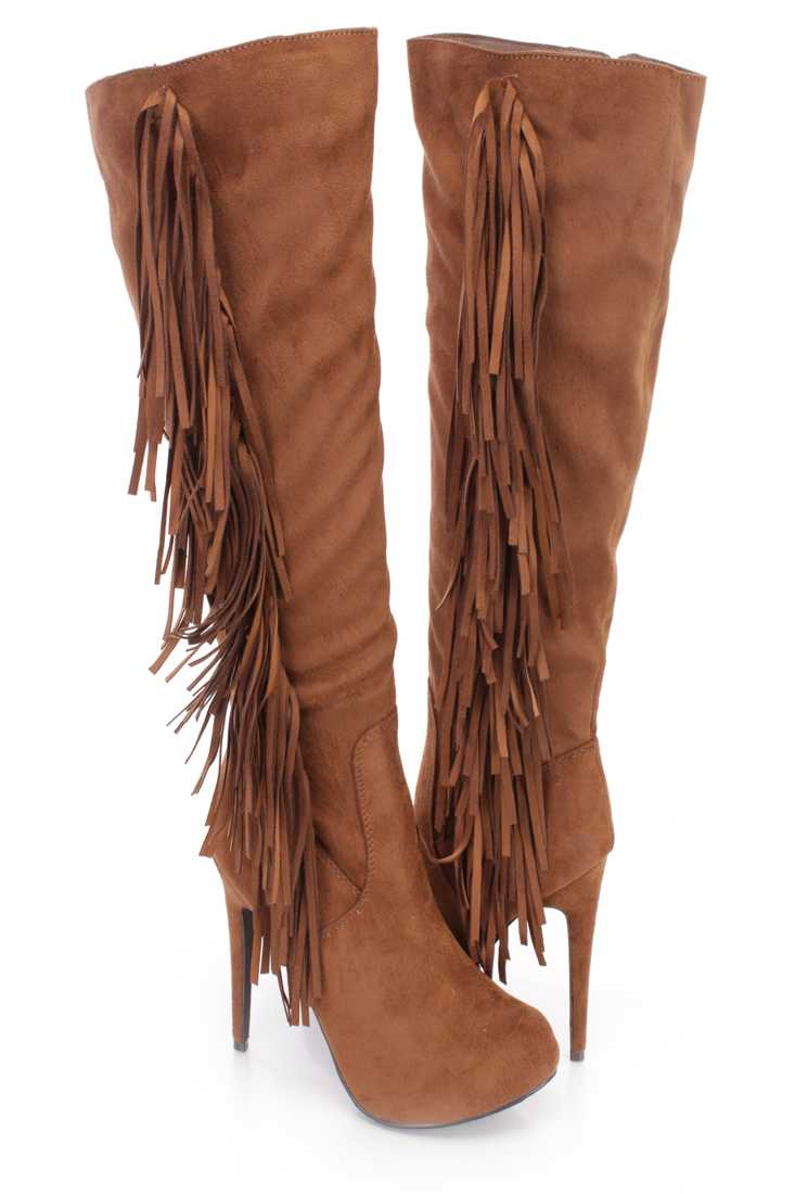 Tan Side Fringe Knee High Boots Faux Suede