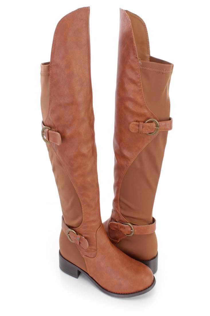 Cognac Thigh High Strappy Riding Boots Faux Leather