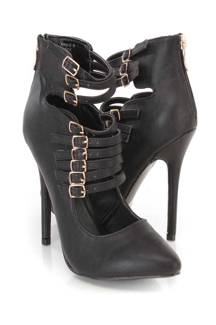 Black Strappy Single Sole Heel Booties Faux Leather
