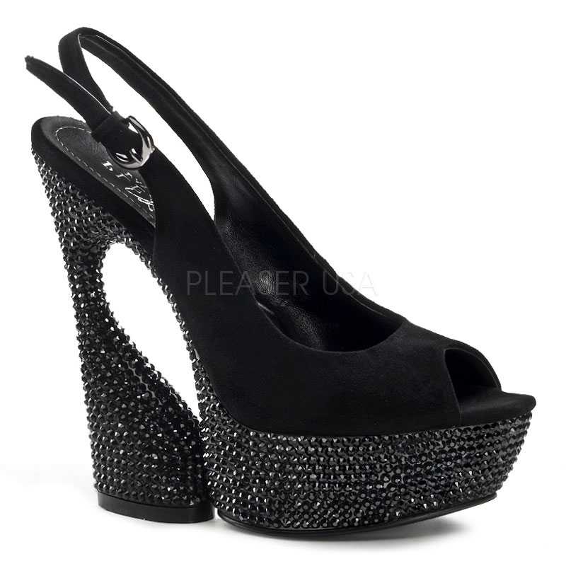 Black Rhinestone Slingback High Heels Faux Suede