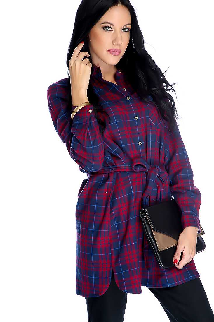 Casual Plaid Print Waist Tie Jacket