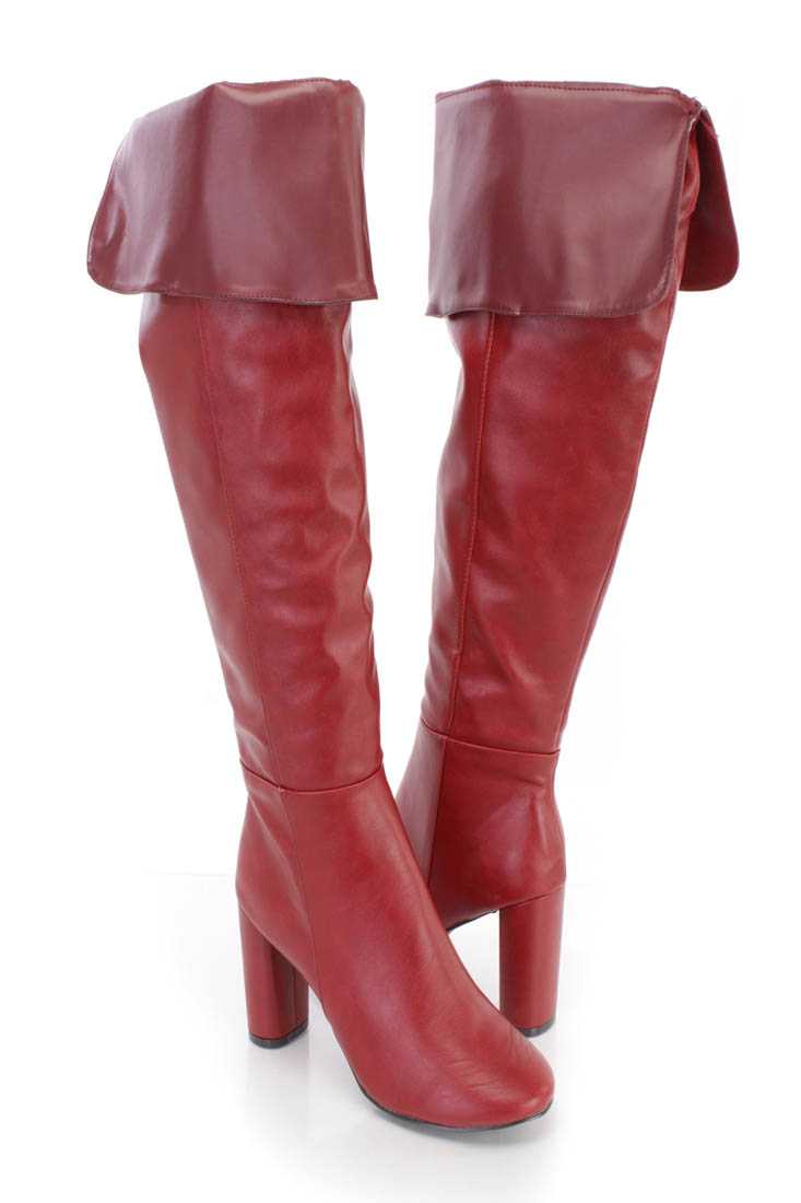 Red Cuffed Chunky High Heel Boots Faux Leather