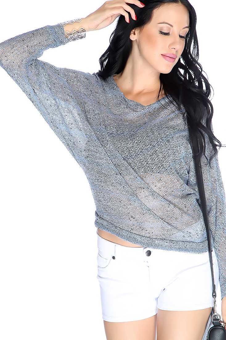 Blue Slate Long Sleeve Open Knit Casual Top