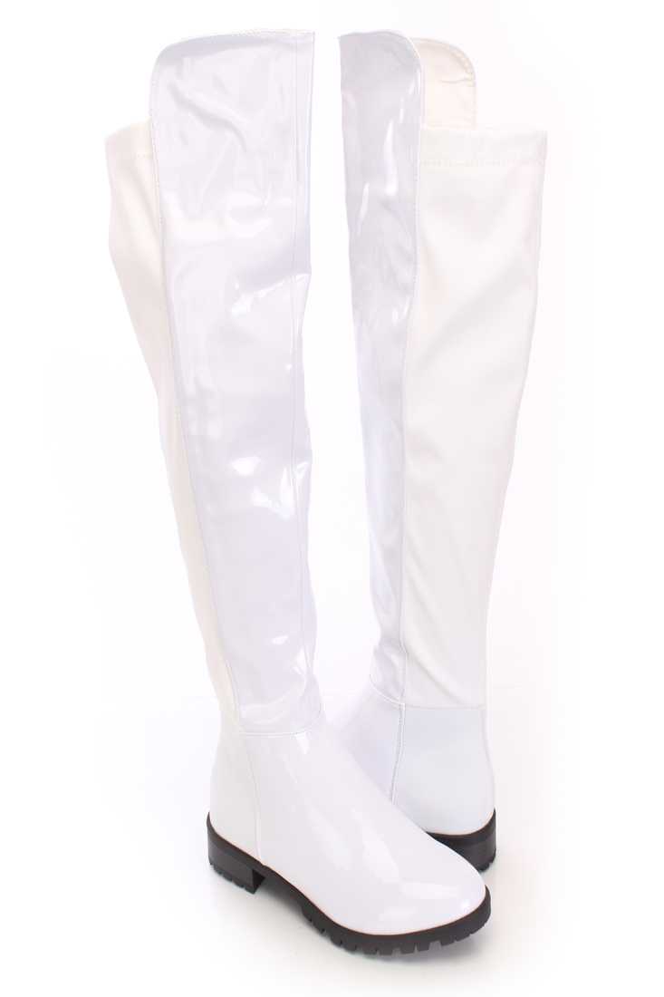 White Knee High Riding Boots Patent Nylon