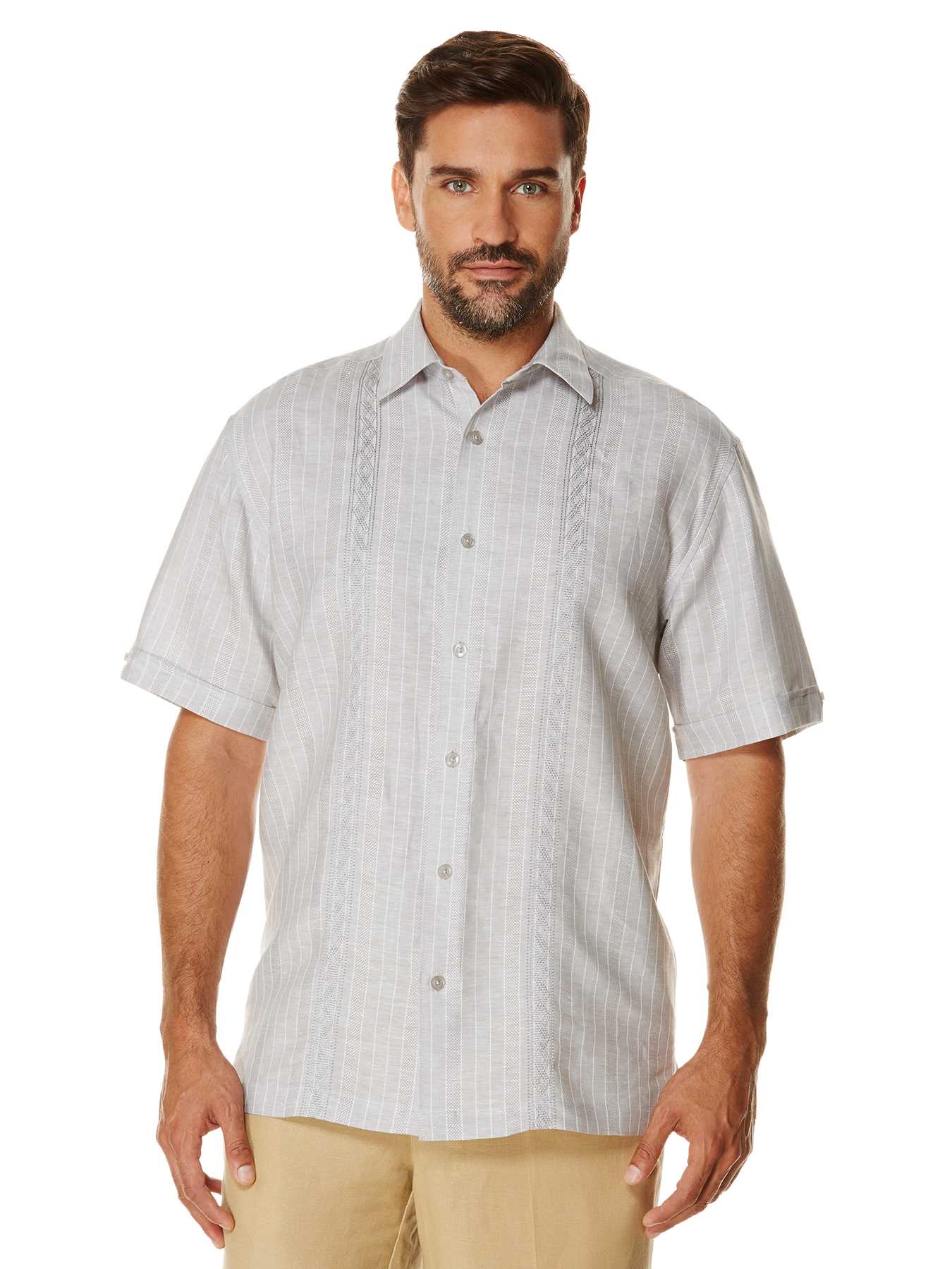 Cubavera Linen Cotton Short Sleeve Dobby Stripe With Embroidery