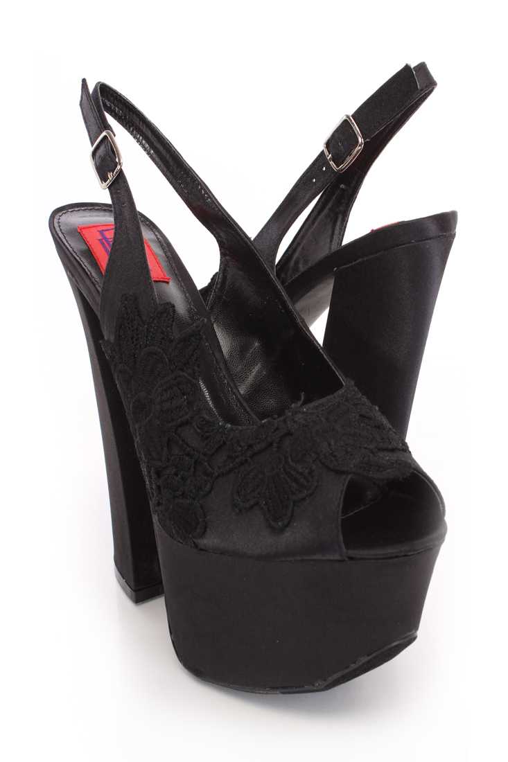 Black Slingback Peep Toe Platform Heels Satin