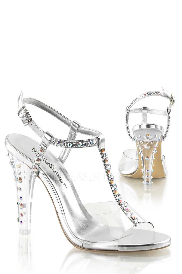 Clear Silver Rhinestone T Strap High Heels Faux Leather