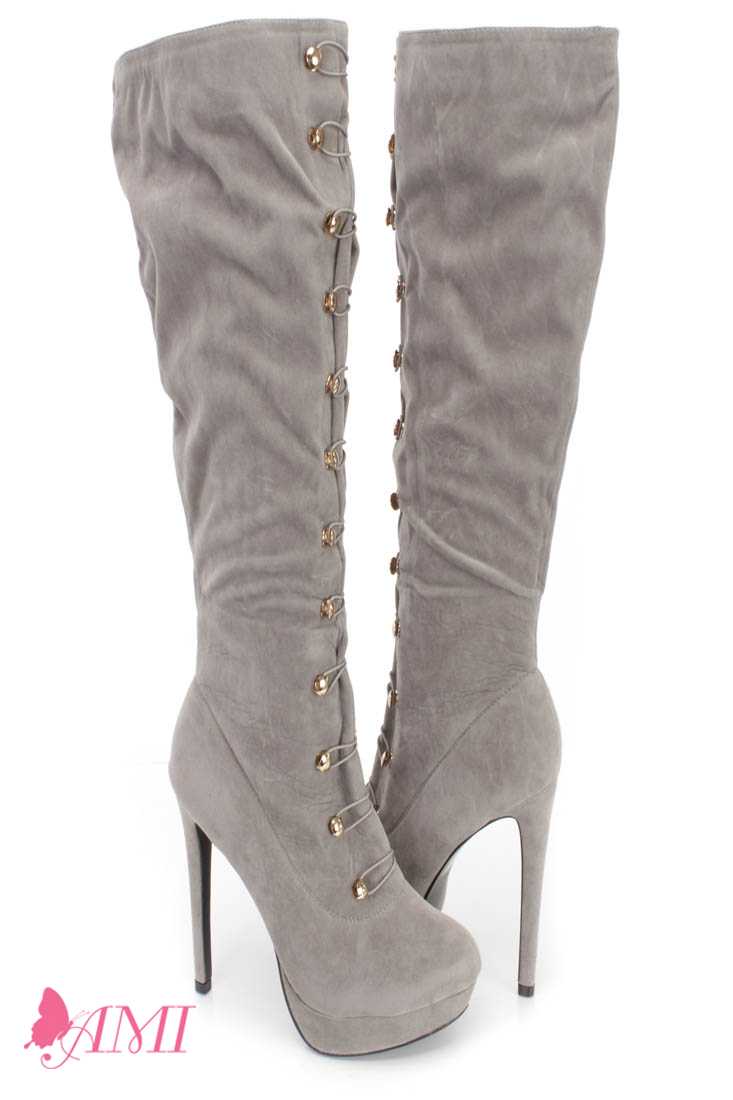 Grey Hook Loop High Heel Boots Faux Suede