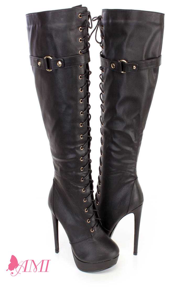 Black Lace Up Thigh High Fall High Heel Boots Faux Leather
