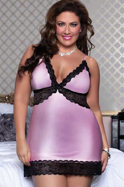 Light Pink Plus Size Shiny Satin Scallop Lace Chemise Intimates Set