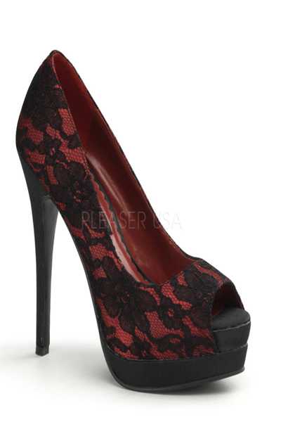 Red Satin Lace Overlay Peep Toe Pump Platform High Heels