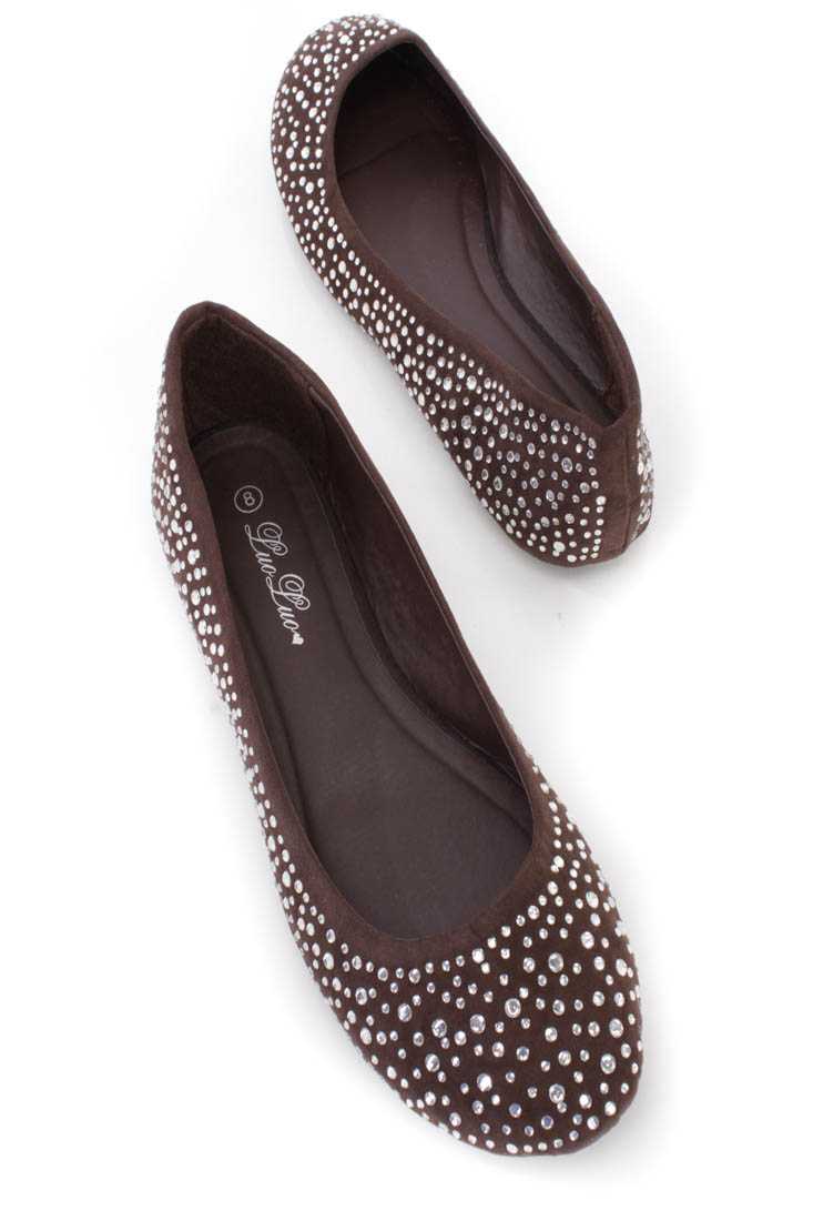 Dark Brown Rhinestone Closed Toe Flats Faux Suede