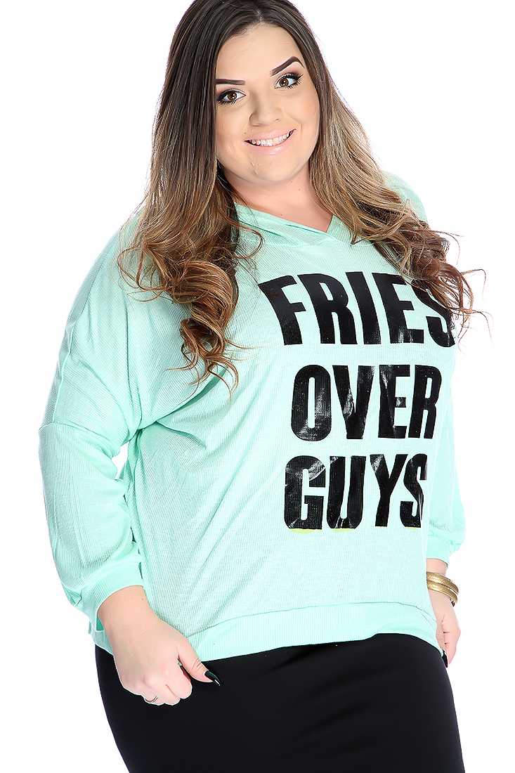 Stylish Mint Plus Size Graphic Print Long Sleeve Top
