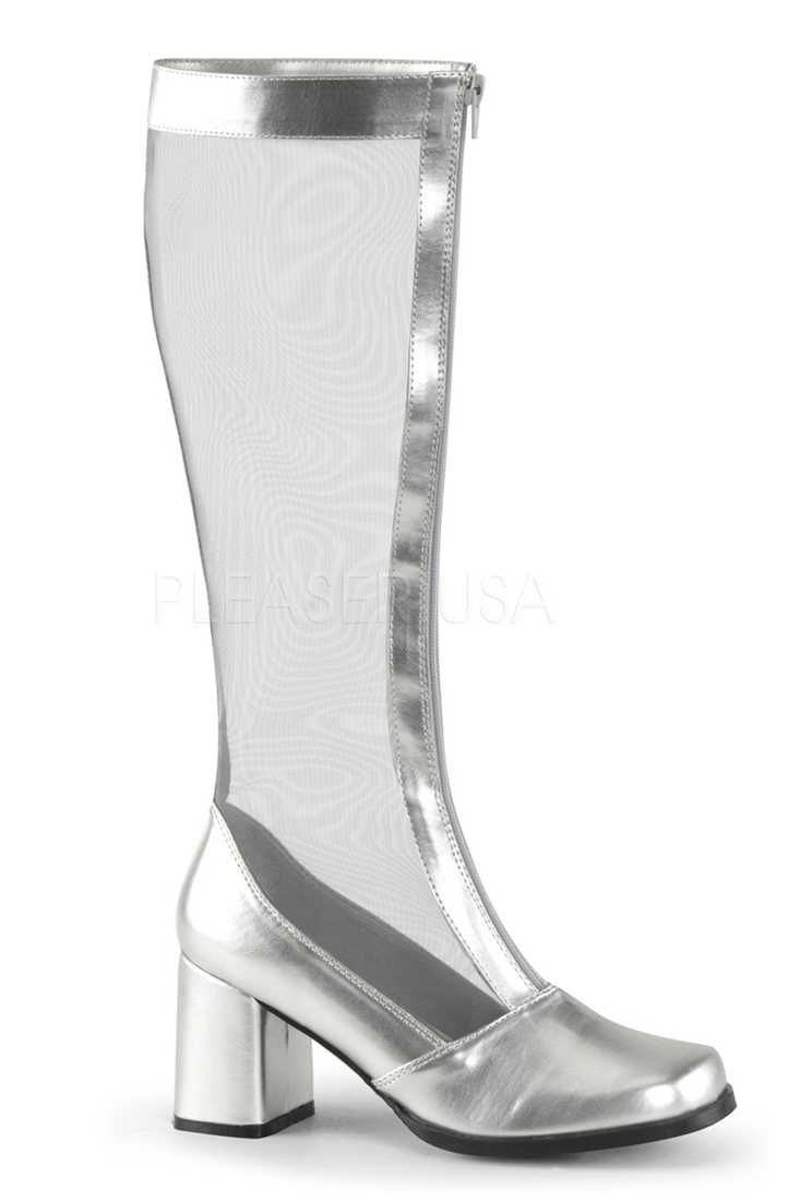 Silver Mesh Front Zipper Shaft Block Heel Boots Patent